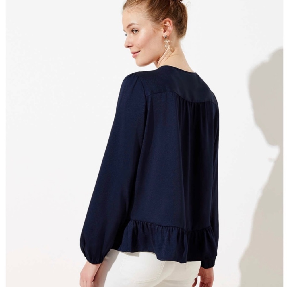 Loft Split Neck Navy Ruffle Blouse - image 2